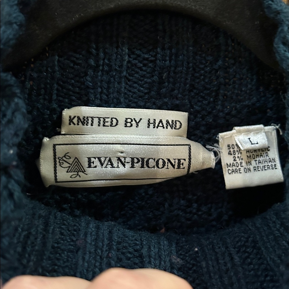 Vintage Evan Picone Hand Knit Wool Mohair Cable Sweater Teal Aztec Women's Large - Picture 3 of 8